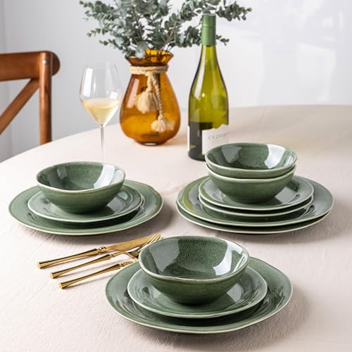 AmorArc Ceramic Dinnerware Sets for 4, Handmade Plates and Bowls Sets | Stoneware Reactive Glaze Dish Set, Scratch Resistant, Dishware Set for Kitchen Wedding, Dishwasher & Microwave Safe, 12 Pcs - color: Jade Green