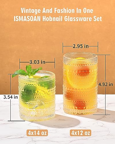 ISMASOAN Vintage Hobnail Drinking Glasses Set of 8, 14oz &12oz Cocktail Cup | Beaded glassware with vintage bubble texture. Highball cups for kitchen use, whiskey, juice, water, beer and daily drinks - style: Dewdrop Surface
