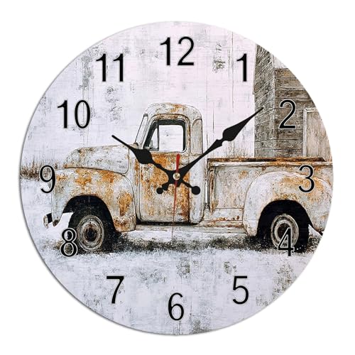 Rustic Vintage Truck Wall Clock - 10 Inch Non-Ticking Decorative Clock for Farmhouse Living Room Bedroom Country Decor