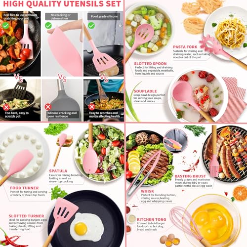 Cooking Utensils Set, Caliamary 19 PCS Silicone Kitchen Utensils Set with Holder and Kitchen Knife Set for Cooking, Non-stick Heat Resistan Kitchen Tools and Gadgets with Wooden Handle (Pink-19)