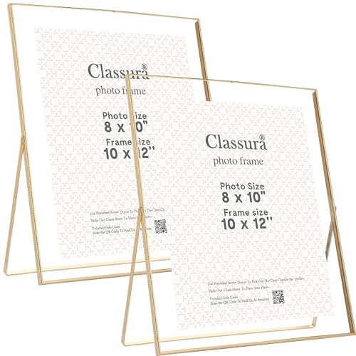 Gold 10x12'' Floating Picture Frame Set of 2,For Photo Sizes (7x9'',8x10'',8.5x11''),Beautiful Metal Beaded Edge Frames Adjustable Tabletop/Shelf Photo Frame,Classy Gift Choice for Wedding,Christmas - color: Gold, size: 10x12'' (2PK)