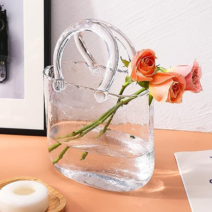 Fixwal Unique Glass Vase for Flowers, Clear Bag Vases with Handle | Cute Handbag Shape Decorative Flower Vases with Fish Bowl for Centerpieces Home Table Shelf Decor Birthday