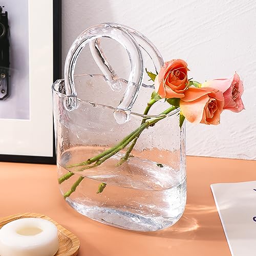 Fixwal Unique Glass Vase for Flowers, Clear Bag Vases with Handle | Cute Handbag Shape Decorative Flower Vases with Fish Bowl for Centerpieces Home Table Shelf Decor Birthday