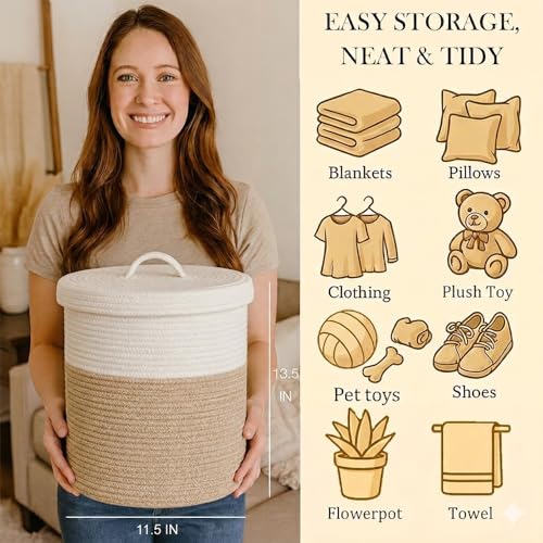 Yimi's Dream Lidded Storage Basket, Medium Brown & White Cotton Rope Basket | Small Round Woven Basket with Lid for Nursery, Baby Toy, Laundry, Yarn, Living Room, Blanket, Organization(11.5''D * 13.5''H) - color: 1 PACK-Brown&White-LIDDED