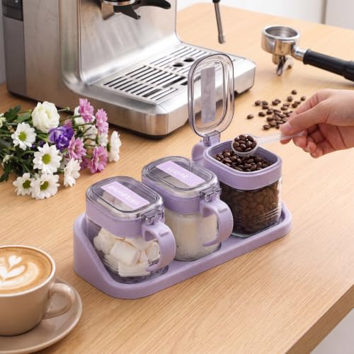 3 Pcs Sugar Coffee Container Set 16 oz Glass Condiment Jar Spice Container Coffee Station Organizer Set with Lable Stickers Scoop for Bean and Sugar Candy, Oats, Nuts (Purple) - color: Purple