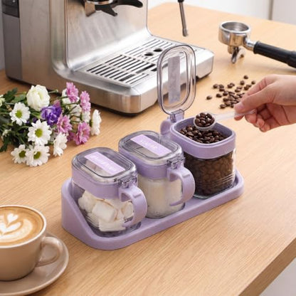 3 Pcs Sugar Coffee Container Set 16 oz Glass Condiment Jar Spice Container Coffee Station Organizer Set with Lable Stickers Scoop for Bean and Sugar Candy, Oats, Nuts (Purple) - color: Purple
