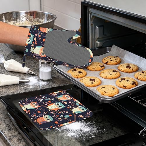 Cute Owl Heat-Resistant Silicone Oven Mitts and Pot Holders 4 Piece Set,Extra Long Non-Slip Kitchen Oven Gloves for Cooking, Baking, BBQ,Grilling - color: Cute Owl