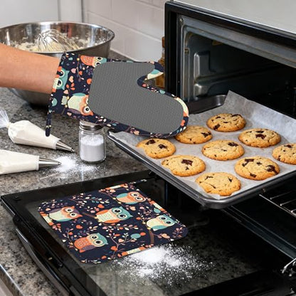 Cute Owl Heat-Resistant Silicone Oven Mitts and Pot Holders 4 Piece Set,Extra Long Non-Slip Kitchen Oven Gloves for Cooking, Baking, BBQ,Grilling - color: Cute Owl