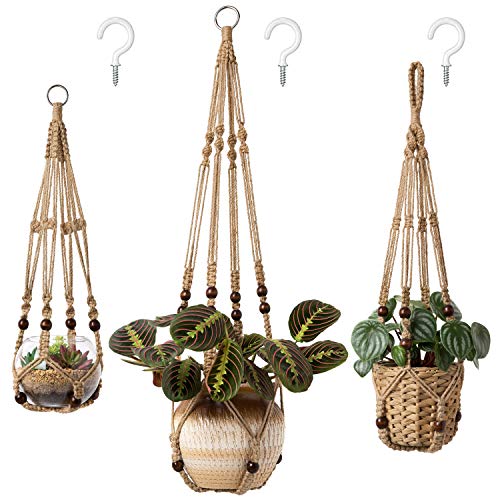Mkono 3 Pack Macrame Plant Hangers Hanging Planters for Indoor Plants Brown | 3 Sizes 35"/29"/23" Hanging Plant Holder Basket with Beads, Boho Home Decor for Patio Balcony Living Room, Pots Not Included - color: Brown, size: Medium