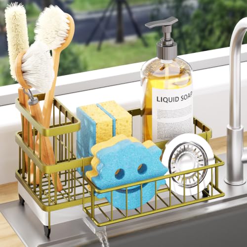Consumest Sponge Holder for Kitchen Sink - Auto Draining Sink Caddy Organizer with Detachable Rack, High Brush Holder, Kitchen Countertop Storage Accessories, Light Gold - color: Light Gold, size: Large
