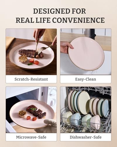 Famiware Saturn Dinnerware Sets, Ceramic Dishes for 4, Rimmed Plates, Bowls | Light Pink, 12-Piece Microwave and Dishwasher Safe Stoneware, Chip & Scratch Resistant, Modern Rustic Tableware, Everyday Use - color: Light Pink, size: 12