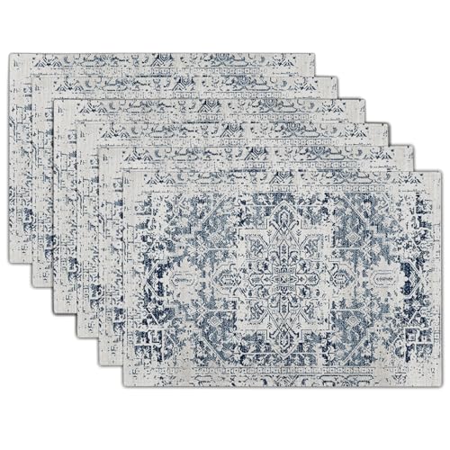 Navy Blue Grey Ethnic Boho Placemats Set of 6 Bohemian Carpet Vintage Gray Linen Washable Kitchen Dining Table Mats Stain Heat-Resistant Desktop Decor Place Mats for Home Party Indoor 12x18 in - color: Ethnic 5, size: 18x12 Inches set of 6