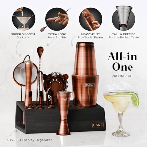 BARE BARREL® Mixology Bartender Kit Bar Set | 14-Piece Cocktail Shaker Set | Martini Barware Mixing Tools for Home Bartending | Incl. 35 Recipe Cards | Gift Set (28oz Boston Shaker, Copper/Black) - color: Copper/Black