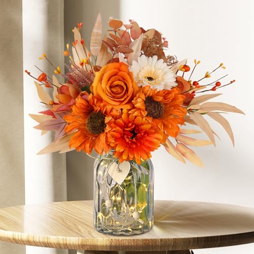Faux Flowers with Vase, Artificial Silk Roses in Vase, Fake Plant Eucalyptus Flower Arrangement for Fall Decorations Indoor Home Office Farmhouse Table Centerpiece Coffee Table Decor (Orange) - color: Deep Orange