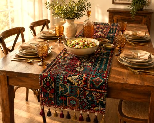 CEDAR & CLAY Boho Table Runner with Tassels – Woven Farmhouse Dining Table Runner for Kitchen & Home Decor (13 X 71 in) - size: 13 X 71 in