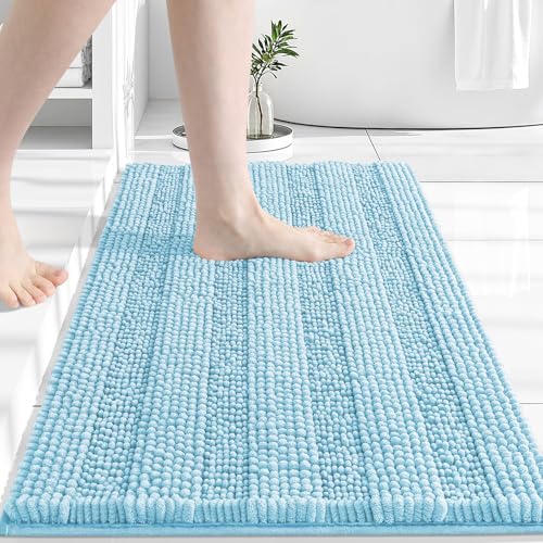 Grandaily Chenille Striped Bathroom Rugs 24x16, Extra Thick and Absorbent Bath Mats, Non-Slip Soft Plush Shaggy Shower Carpet, Machine Wash Dry, Bath Rug for Bathroom, (Small, Blue) - color: Blue, size: 24" X 16"