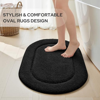 HOMEIDEAS Black Oval Bathroom Rug Sets 2 Piece 20" x 32" + 16" x 24" | Microfiber Bath Mats, Non-Slip TPR Backing, Ultra Absorbent & Quick Dry, Machine Washable for Bathroom, Shower, Tub - color: Black