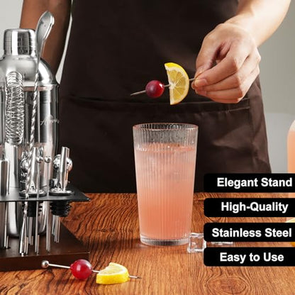 23-Piece Cocktail Shaker Set with Stand, 304 SS, Bartender Kit Gift | Complete Home Bar Set: Leak-proof Shaker, Jigger, Muddler, 18/8 Steel, Gift for beginners, cocktail lovers & house parties - color: Chocolate