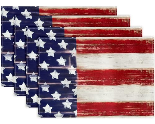 Bloss Patriotic 4th of July Placemats Set of 6, Memorial Day 12" x 18" Linen Table Mats for Party Kitchen Dining Decoration, Retro Vintage Independence Day Disposable Place Mats - color: Red White Blue, size: 12" x 18" / 6 PCS