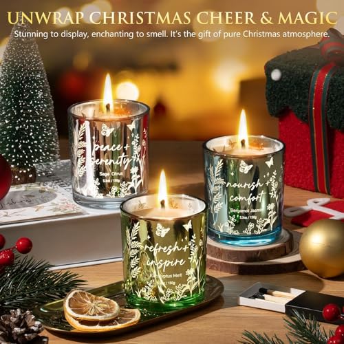 Scented Candles for Women, 3 Pack Soy Wax Candle Gift Sets for Home Scented | Holiday Votive Candle Gifts Set, Christmas Birthday Gifts for Women Mom Friend - Eucalyptus Mint/Bergamot Jasmin/Sage Citrus - color: Silver, Sage Green, Blue