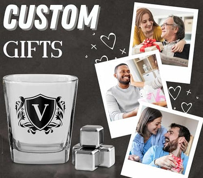 Whisky Gifts for Men, Personalized Initial Whiskey Glass with Whiskey Stones for Dad, Boyfriend, Best Friends, Coworkers, Husband, Brother, Uncle and Boss on Father's Day, Boss Day and Birthday - V - color: V