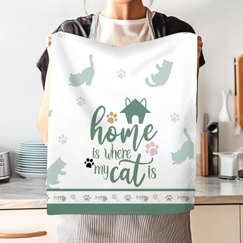 Cute Cat Tea Towels, 100% Cotton Kitchen Towels, Set of 2 | 18.9 x 27.5 in / 48 x 70 cm, Lightweight Woven Dish Cloth, Cat Lover Gifts, Kitchen Decor, Housewarming Gift - color: Cat