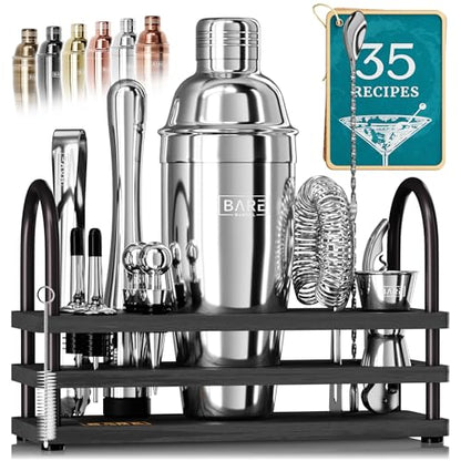 BARE BARREL® Mixology Bartender Kit Bar Set | 14-Piece Cocktail Shaker Set | Martini Barware Mixing Tools for Home Bartending | 35 Recipe Cards | Gift Set (24oz Cobbler Shaker, Silver/Black) - color: Silver/Black