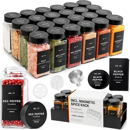 Square Glass Spice Jars (24 x 4oz) with Black Lids + Magnetic Spice Rack for Refrigerator (Fits 12 Jars) + Bonus Slim Auxiliary Rack, 240 Labels, Shaker Inserts, Funnel - color: Black Stainless Steel Lid + Magnetic Rack