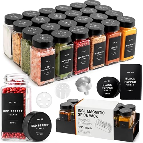 Square Glass Spice Jars (24 x 4oz) with Black Lids + Magnetic Spice Rack for Refrigerator (Fits 12 Jars) + Bonus Slim Auxiliary Rack, 240 Labels, Shaker Inserts, Funnel - color: Black Stainless Steel Lid + Magnetic Rack