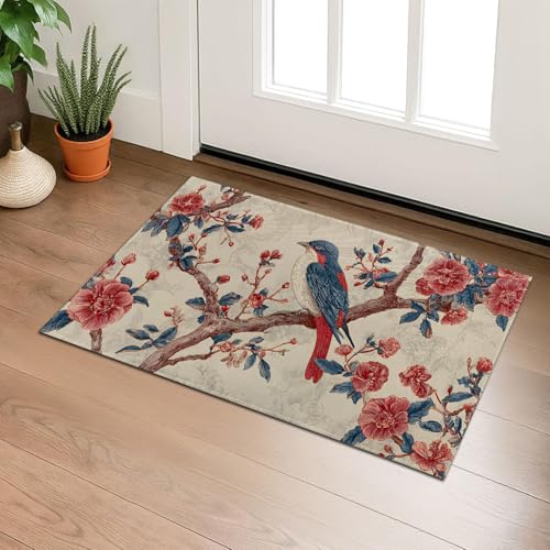 Songbird Indoor Door Mat with Red Peonies, Vintage Botanical Art Welcome 29.5"×17" Non-Woven Floor Mat, Non-Slip Doormat Rug for Front Door, Porch, Bathroom, Kitchen, Home Decor, Gifts - color: 10