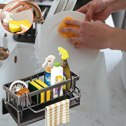 Kitchen Sink Caddy Organizer, Stainless Steel Sink Sponge Holder,45°Tilt Self-Drainage, Sponge Drain Rack with Dish Brush Holder,Removable Dishcloth Rack for Kitchen Storage Dispenser,Grey