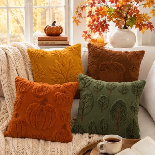 Tiamon 4 Pcs Fall Throw Pillow Covers 18 x 18 Inch Autumn Pillow Cases 3D Embroidered Pumpkin Leaf Plush Fluffy Faux Fur Cushion Covers for Thanksgiving Harvest Decoration Farmhouse Home Sofa Couch - style: Fall B