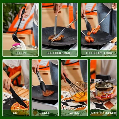 Camping Essentials Cookware Cooking Utensils Set - Portable Camp Kitchen Mess Kit Outdoor Accessories, Stainless Steel & Silicone, Camping Gear Equipment for RV Picnic Grill, Brown | Stainless Steel & Silicone Mess Kit, Durable Outdoor Kitchen Gear for Hi