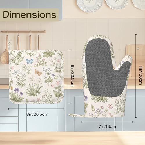 Wildflower Floral Botanical Oven Mitts and Pot Holders Sets Silicone Butterfly Kitchen Mitts Potholders Heat Resistant 4Pcs Oven Gloves Hot Pads for Kitchen Baking Cooking - color: Wildflower Floral Botanical