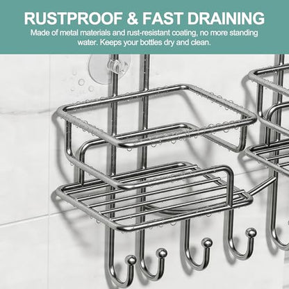 SRIWATANA Shower Caddy Hanging, Shower Organizer with Razor Hooks, Chrome | Rustproof Shower Rack, No Drilling Shelves Over Shower Head, Anti-Swing Scution Install, Bathroom Holder for Sponge Loofah - color: Chrome