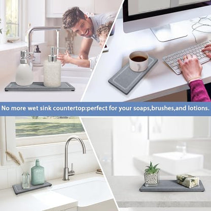 2 PCS Water Absorbing Stone Trays for Bathroom Sink Fast Drying Coasters | 11" x 4.7", Vanity Tray, Diatomaceous Earth Mat, Hand Soap Holder with Anti-Skid Feet, Kitchen Counter, Sink Caddy Organizer - color: 11" X 4.7" Gray
