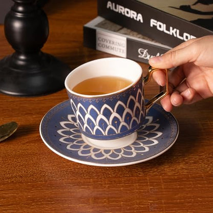 KAMMAK Tea Cups and Saucers Set of 2, Fine Bone China Coffee Cups, NX027 | Stackable Espresso Mugs, Ceramic Demitasse for Coffee, Cappuccino, Latte, Americano, Tea - size: 8CZNX027