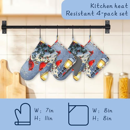 Red Cardinal Oven Mitts and Pot Holders Sets,Extra Long Winter Snow Branch Kitchen Mittens for Cooking,Thick Cotton Heat Resistant Silicone Cooking Utensils Set for Baking Cooking Grilling - color: Red Cardinal