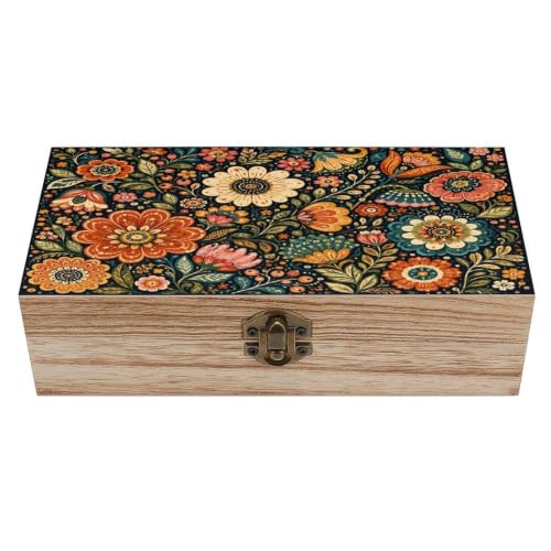 Floral Wooden Storage Box Decorative Keepsake Box with Metal Lock Vintage Organizer Container Jewelry Photo Letter Memory Box Rustic Home Desk Storage Gift Box - color: Floral