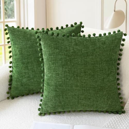 CaliTime Decorative Couch Throw Pillow Covers 16 X 16 Inches Forest Green | Pack of 2, Cozy Chenille Cushion Cases, with Pom Poms for Sofa Bed Living Room Farmhouse Home - color: Forest Green, size: 16" x 16" (Pack of 2)