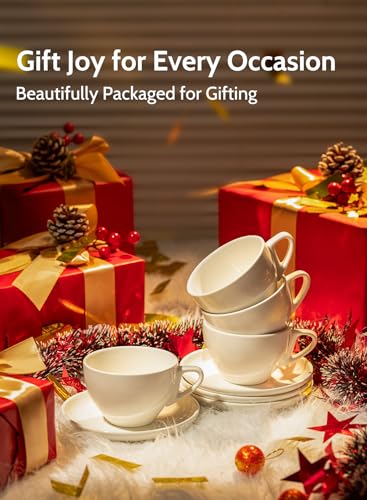 Sweese 6 Ounce Cappuccino Cups with Saucers, Porcelain Double Espresso Cups Set of 6 - White - color: White, size: 6OZ