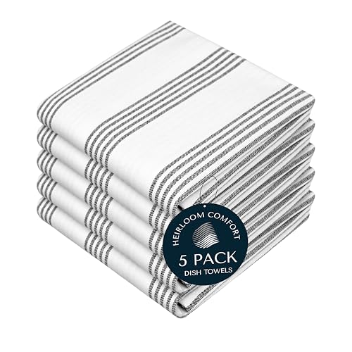 Black Stripe Kitchen Towels (5 Pack), 100% Cotton, Multi Pin Striped Towel Set, Super Absorbent & Durable Dish Cloths, Quick Drying Fabric for Drying Dishes, Everyday Cleaning - color: Black, style: 5 Pack