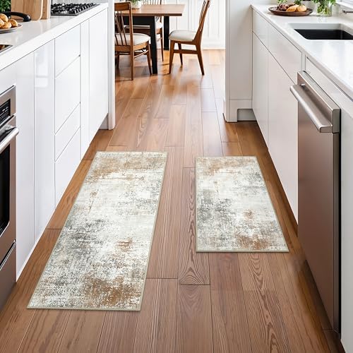GENIMO Kitchen Rugs Set of 2, Washable Non Slip Kitchen Mats for Floor | 20"x32"&20"x48", Beige Brownvintage abstract rug, soft faux cashmere, low pile, easy-clean for laundry - color: Beige Brown, size: 20"x32"+20"x48"