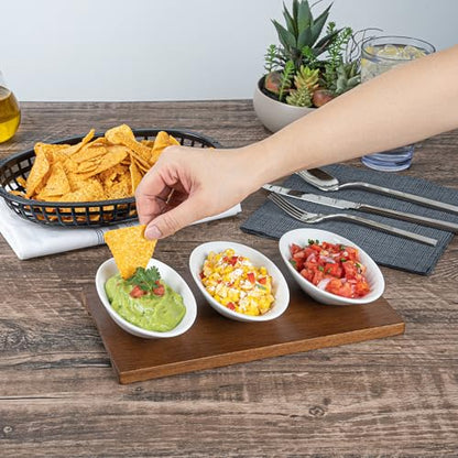 Restaurantware-9 Ounce Bowl Set with Tray - 1 Dishwashable Serving Set, Includes 3 Porcelain Bowls And 1 Bamboo Tray, Durable, White Porcelain And Bamboo Bowl And Platter Kit, Reusable, Freezable - size: Triple set, style: Ellipse