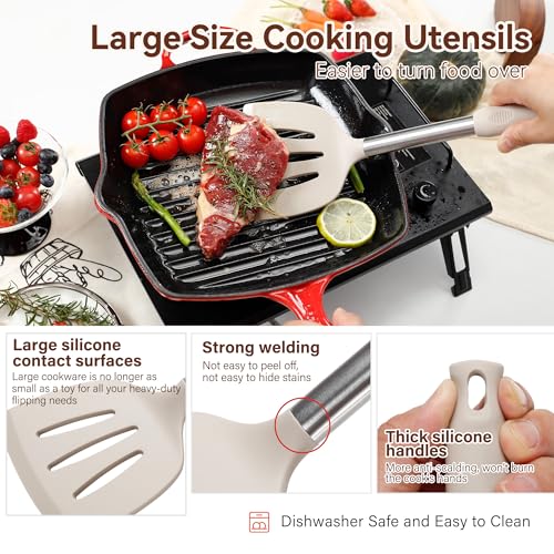 NCUE 35 Pcs Silicone Cooking Utensils Set BPA Free 446°F Heat Resistant | Stainless Steel Handles Kitchen Utensils Set, Thickened Heads Silicone Grips Nonstick Dishwasher Safe for Baking Housewarming - color: Khaki