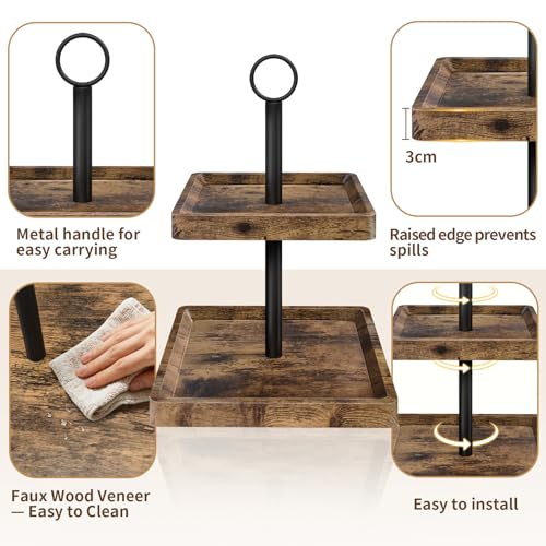 Tiered Tray Stand, Rustic 2 Tier Square Wood Serving Tray | Farmhouse Countertop Centerpiece, Cupcake Stand For Coffee Bars, Parties, Holiday Decor