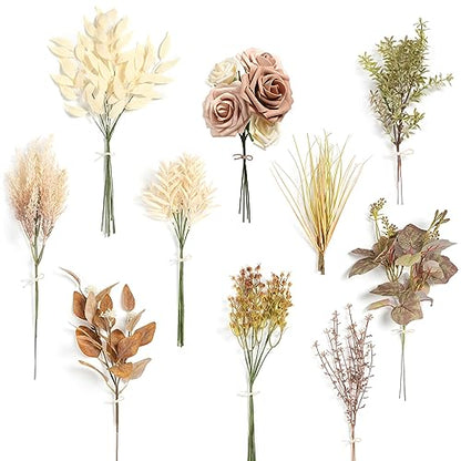 Serra Flora Artificial Greenery Stems Combo Box Set,34pcs with 7 Kinds of Faux Greenery Picks for DIY Bridal Bouquets Wedding Floral Arrangement Party Table Centerpieces - color: Brown & Beige