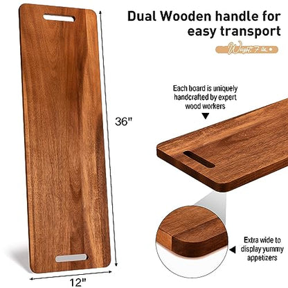 2 Pcs Acacia Wooden Charcuterie Boards Acacia Serving Board with Handle Rectangular Hollow Handle Wood Tray Wooden Serving Platter Wood Server for Cheese Food (36 x 12 Inch ) - size: 36 x 12 Inch