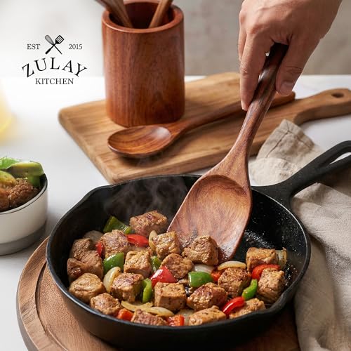 Zulay Kitchen 7-Piece Wooden Cooking Spoons Set – Heat-Resistant, Smooth Teak Utensils with Comfort Grip – Lightweight & Durable – Easy to Clean, Perfect for Non-Stick Cookware - size: 7 Piece