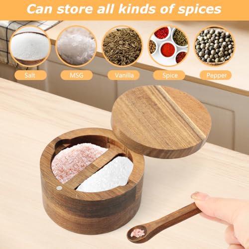 Saycker Wood Salt and Pepper Bowl, with Swivel Lid and Spoon Round Salt Container Spices Storage Box(10.3cm/4.06inch Dia) - color: L